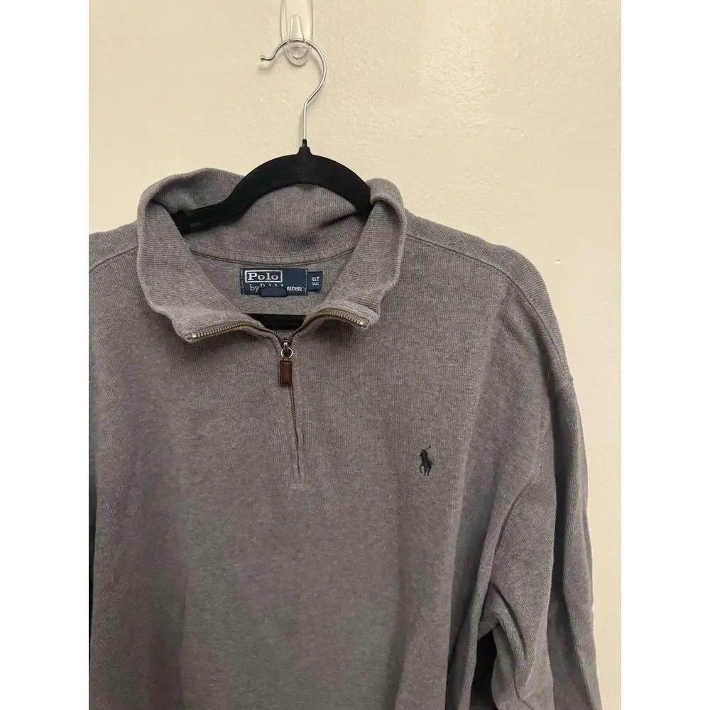Polo Ralph Lauren Sweater Mens XLT TALL Gray Cotton Knit Quarter Zip READ